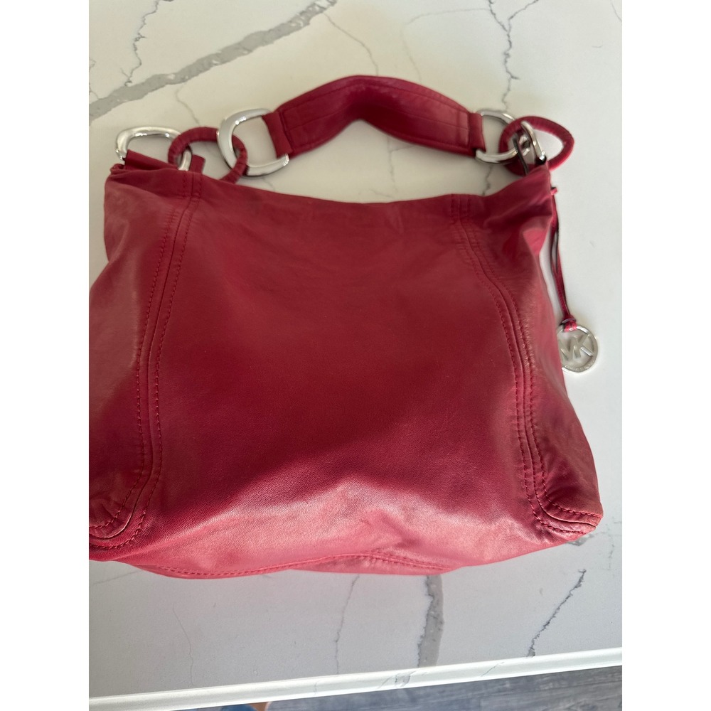 Michael Kors Red Lambskin Leather Hobo Bag Silver Hardware MK Slouchy Shoulder